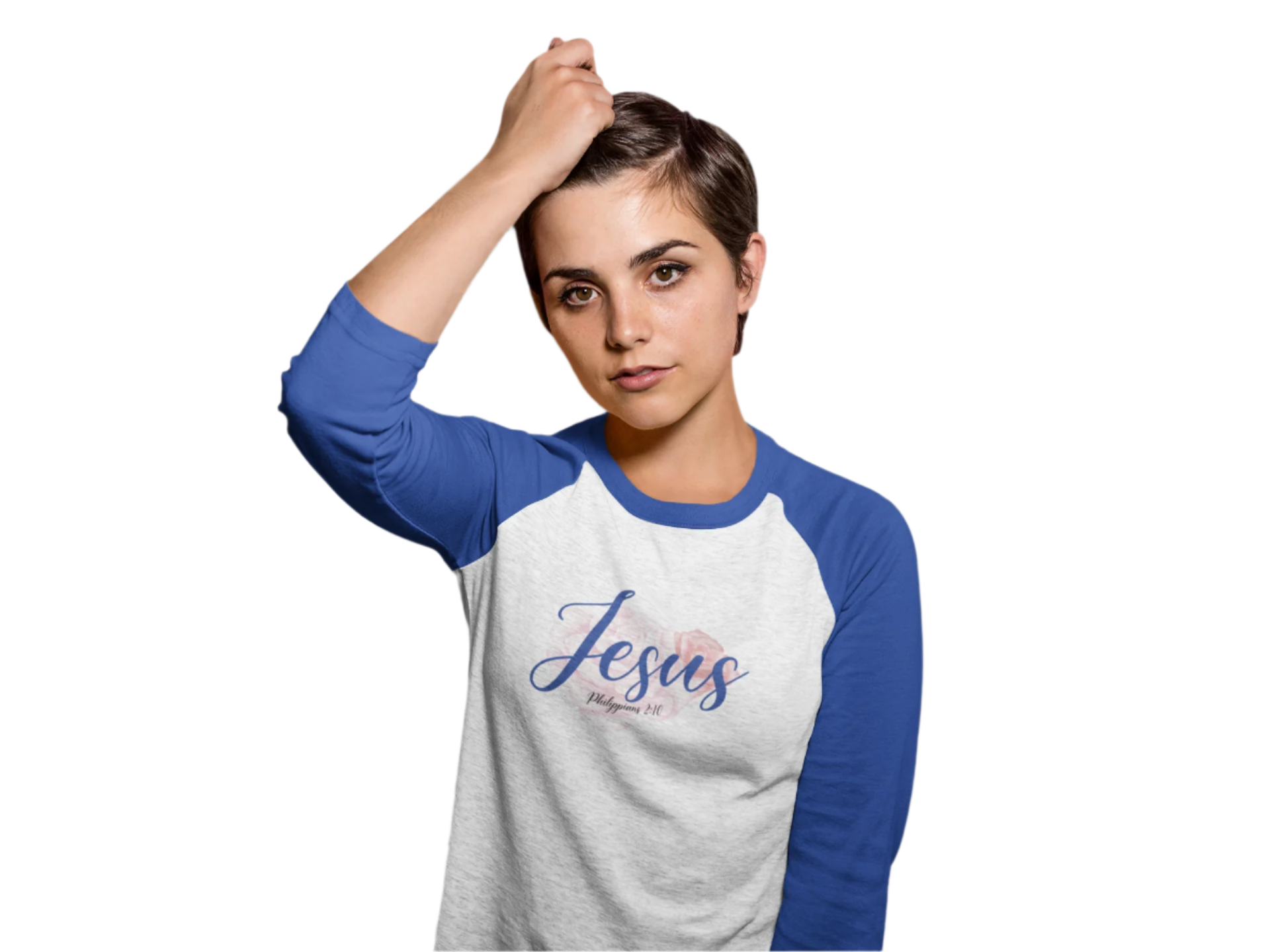 Womens "Jesus" Retro Shirt - Royal Blue Sleeves