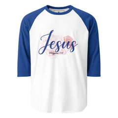 Womens "Jesus" Retro Shirt - Royal Blue Sleeves